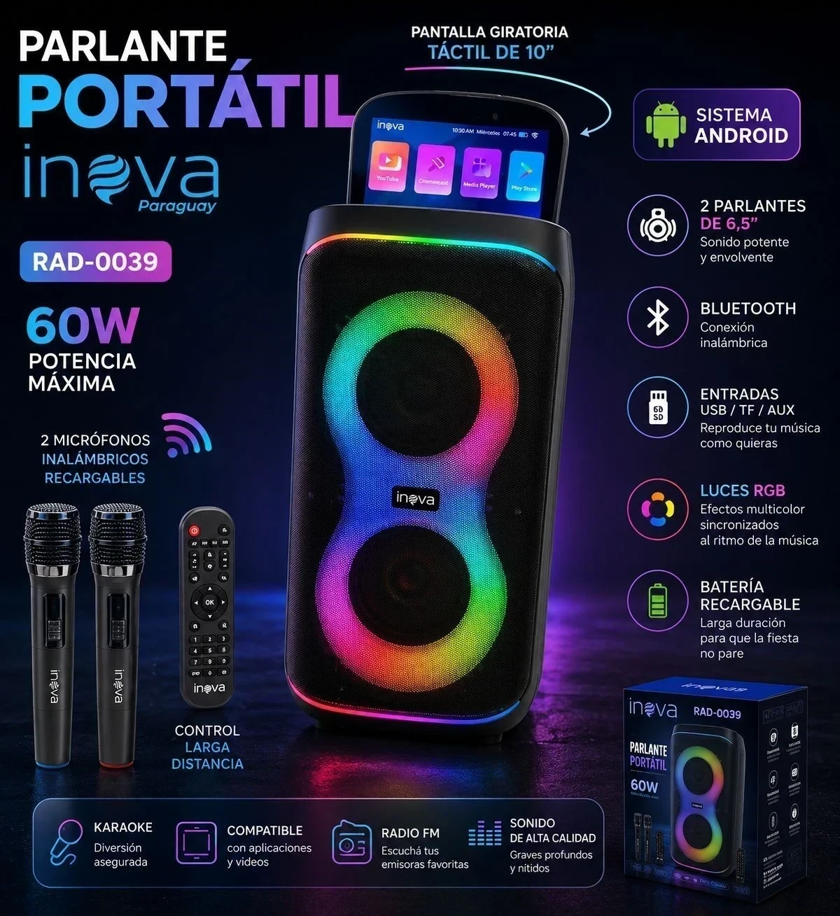 PARLANTE INOVA C/PANTALLA 10,1" 