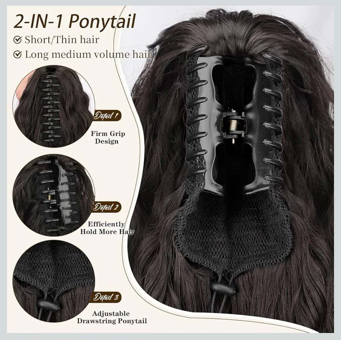 Extensión de coleta de cabello larga rizada de garra, de 30 pulgadas, sintética, esponjosa, de aspecto natural, para uso diario 2