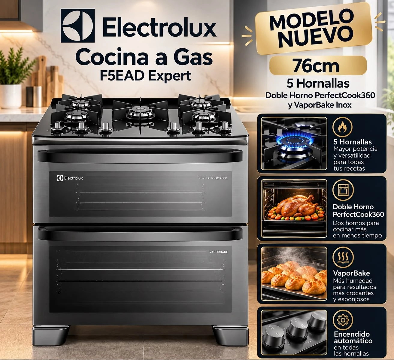 COCINA A GAS ELECTROLUX F5EAD EXPERT 5 HORNALLAS DOBLE HORNO PERFECTCOOK360 Y VAPORBAKE INOX ‼️ SOLO POR PEDIDOS ‼️