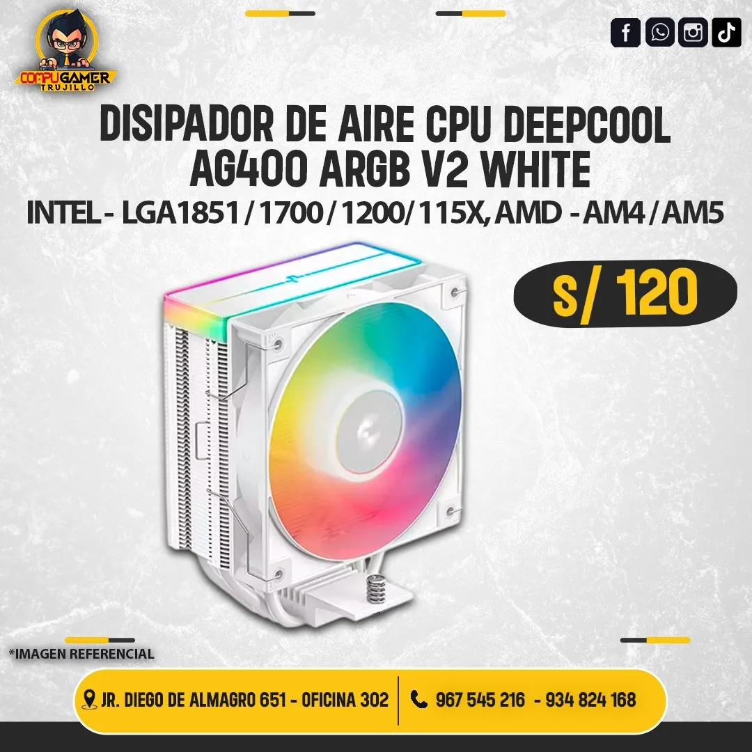 DISIPADOR DE AIRE CPU DEEPCOOL AG400 ARGB V2 WHITE