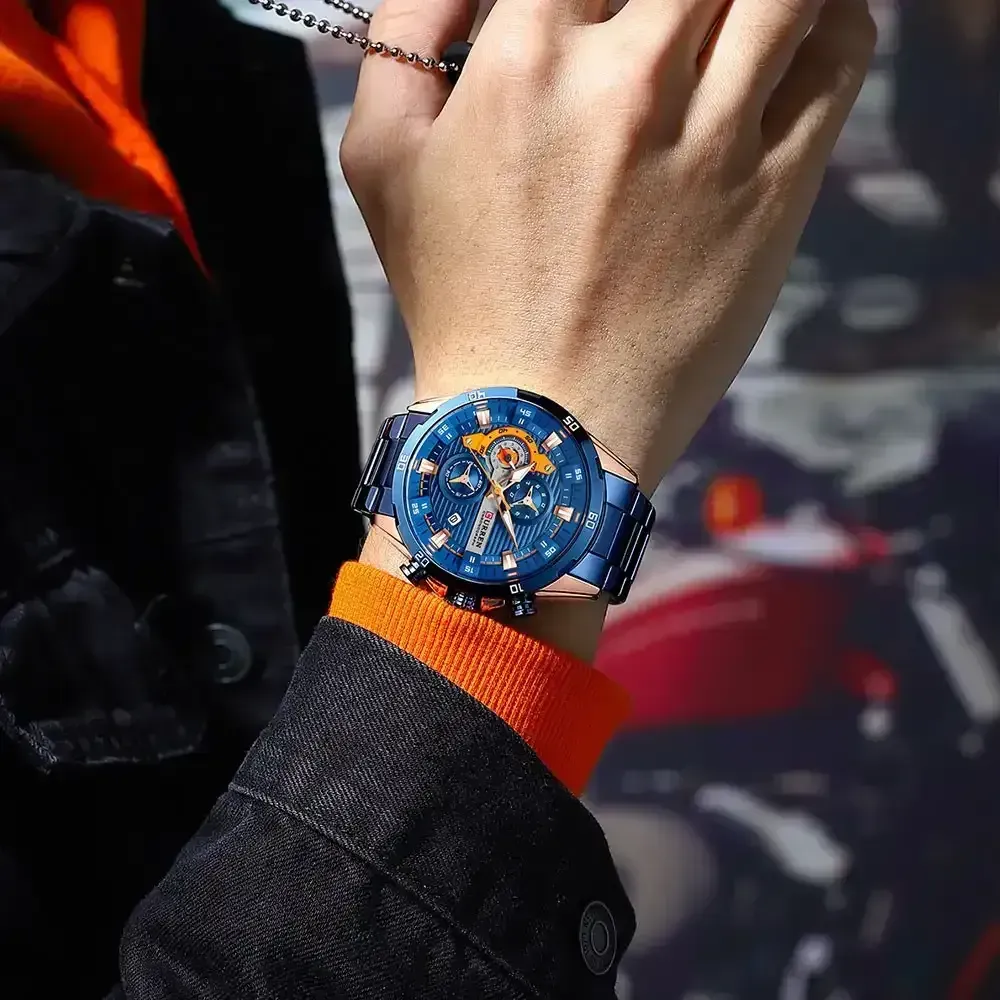 Reloj Curren Original Acero Cronografo 8402 Azul Cobrizo Fondo Azul Detalles Naranjas 3
