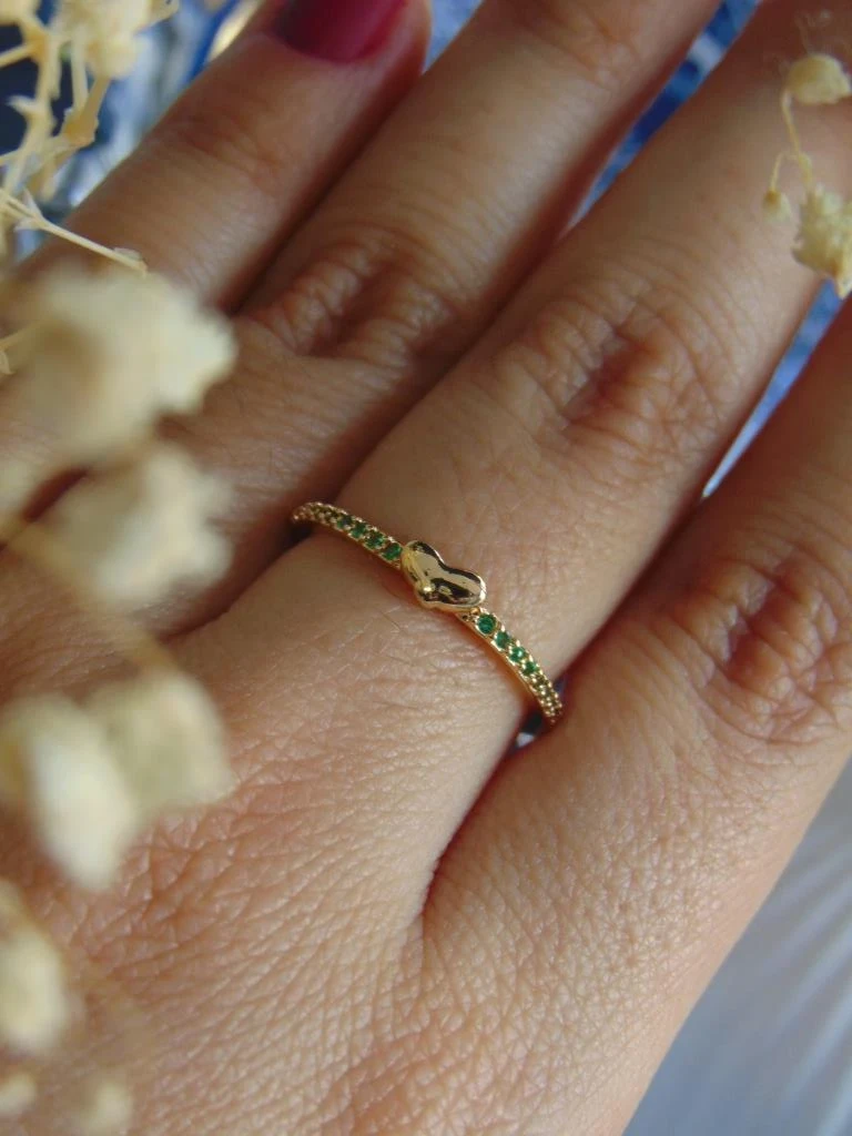 ANILLO ACERO DOR DELG MICROCIRCONES VERDES CORAZON   2