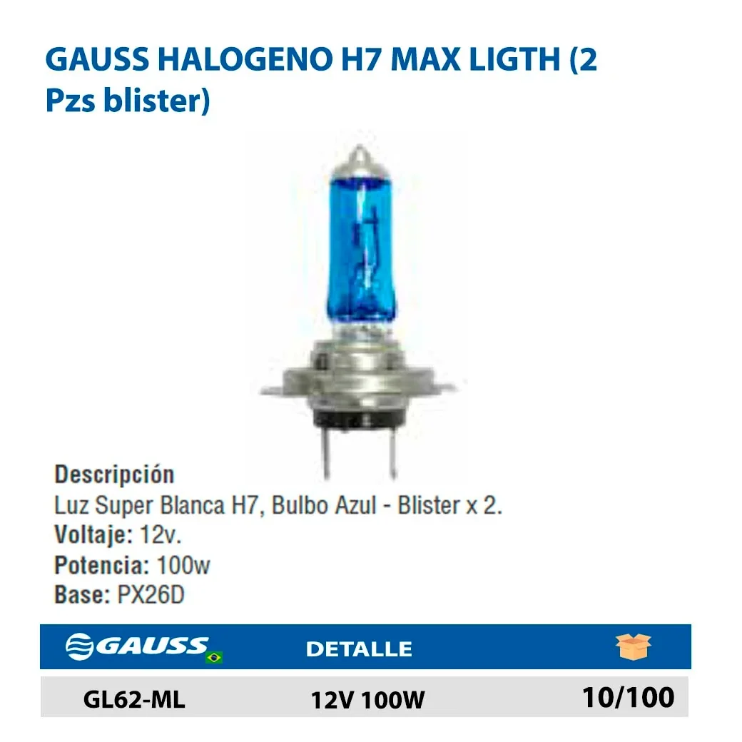 GAUSS HALOGENO H7 MAX LIGTH (2 Pzs blister) 12V 100W