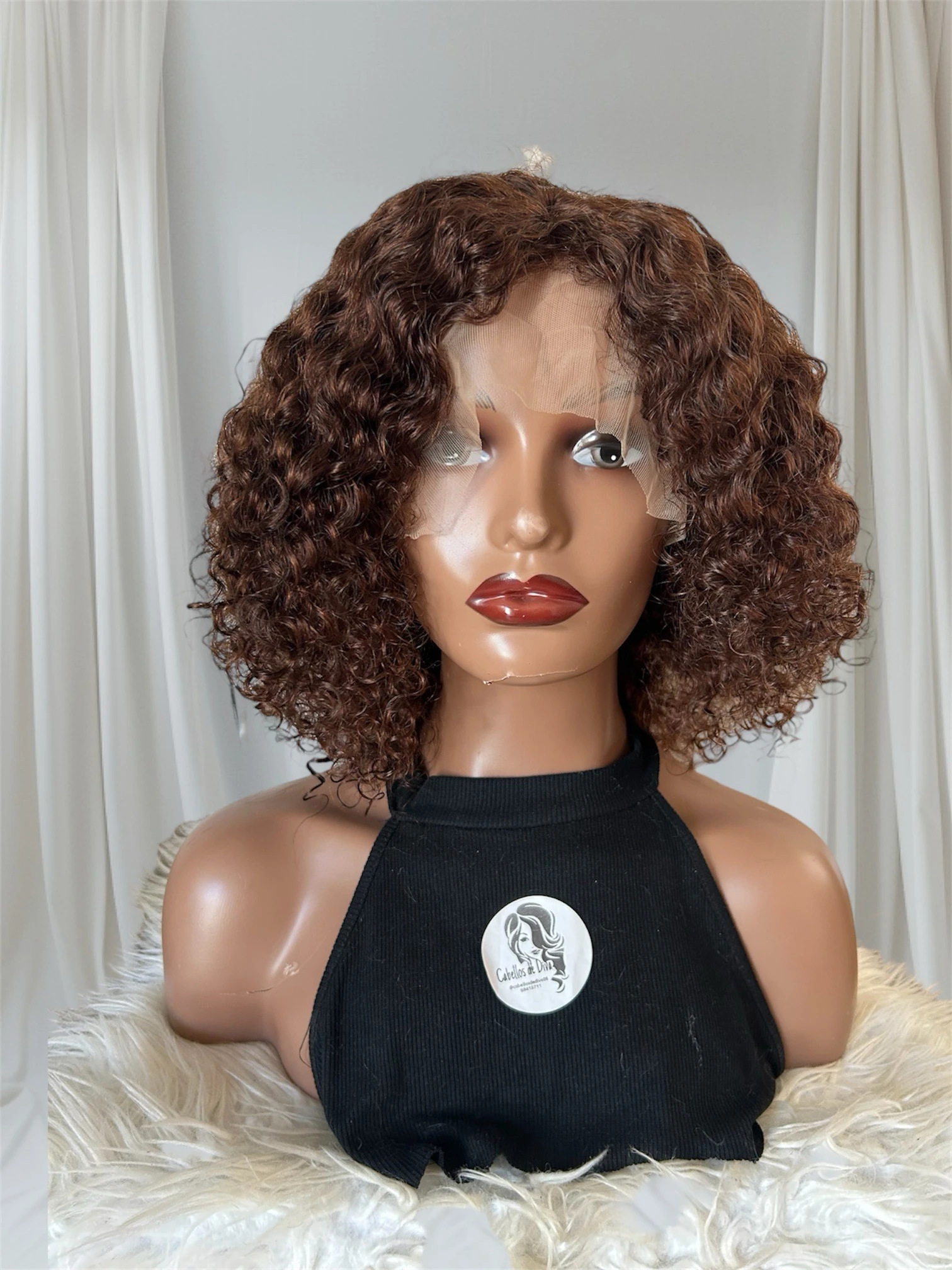 Peluca Rizada cabello humano de 14 pulgadas , color brown, frontal lace 13x4 3
