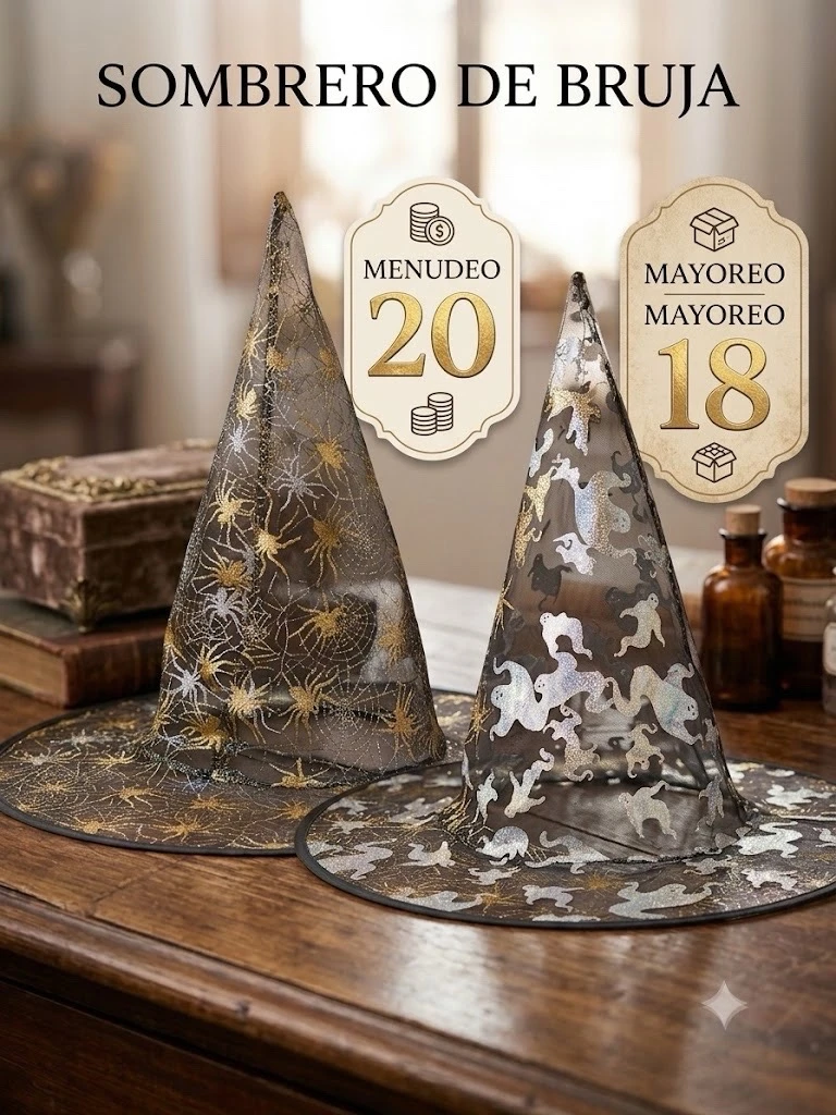 Sombrero de Bruja de Malla con Estampado Metalizado – Halloween y Disfraces  Descripción