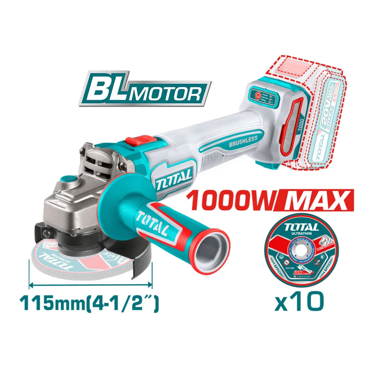 TOSLI241291 Combo taladro 66n.m. + amoladora y llave de impacto 20v total 2
