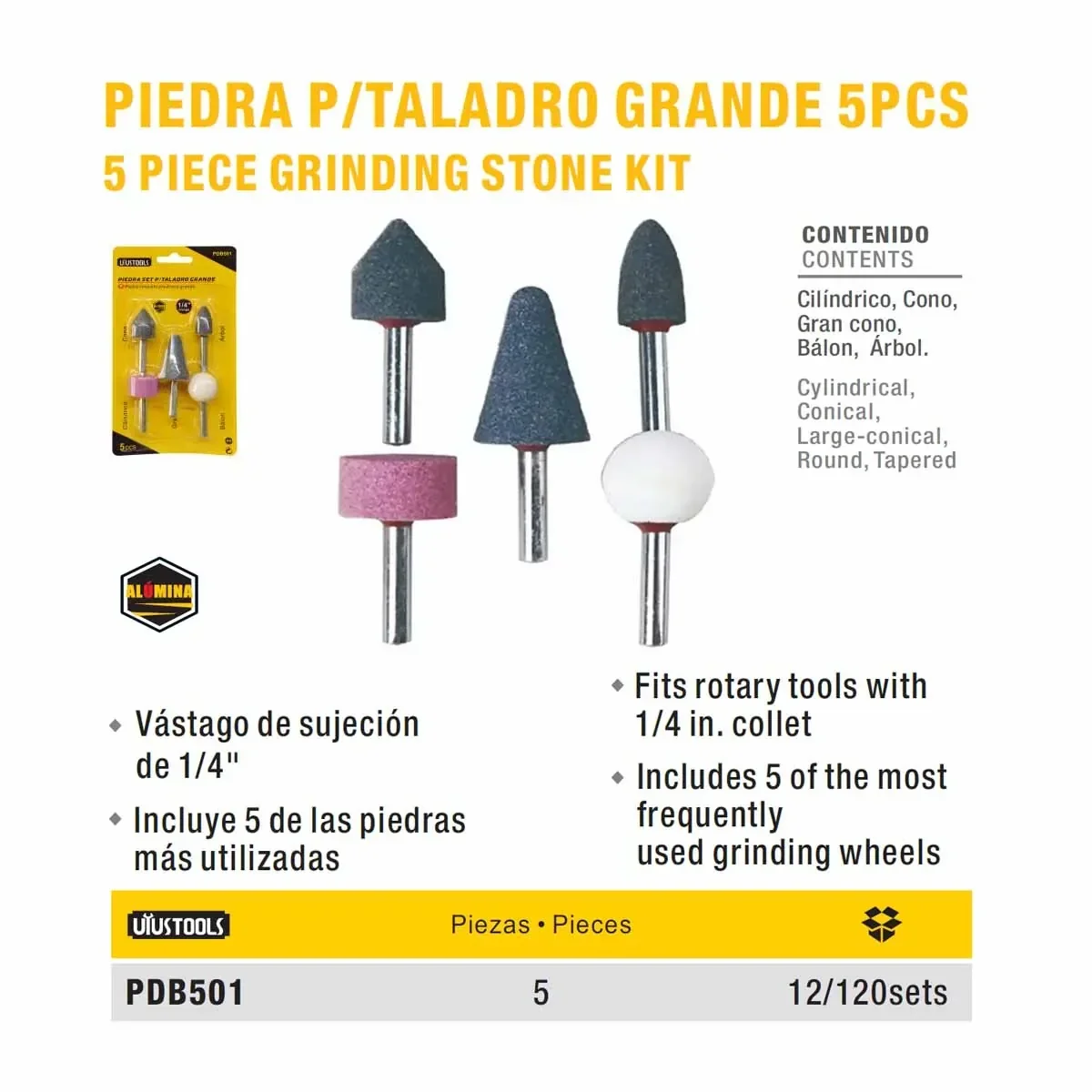 PIEDRA ESMERIL P/TALADRO UYUST 5PZ MANGO DE 1/4"