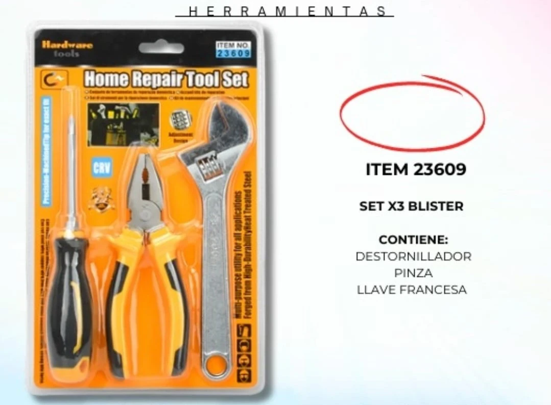 Set 3 Blister - destornillador, llave francesa, pinza