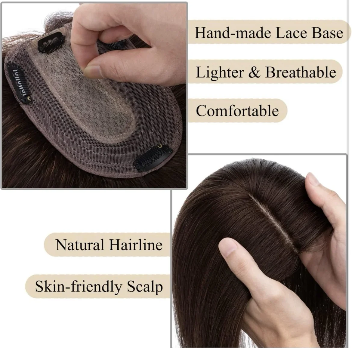 Toppers de cabello humano Remy real, densidad del 130%, 3.9 x 4.7 in, base de seda, sin flequillo, piezas de cabello lacio para cabello fino, 12 pulgadas, color marrón 3