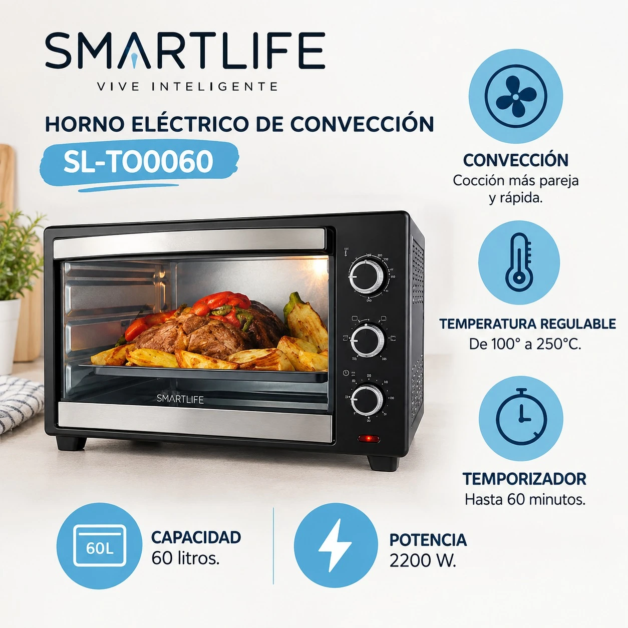 HORNO ELÉCTRICO DE CONVECCIÓN 60 LT SMARTLIFE SL-TO0060