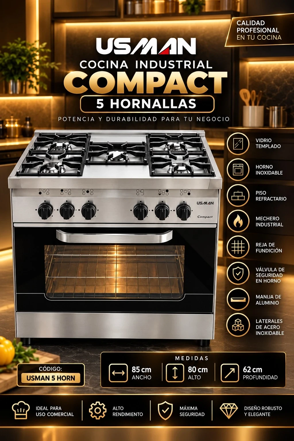 COCINA INDUSTRIAL USMAN COMPACT 5 HORNALLAS *CONSULTAR DISPONIBILDAD CON EL VENDEDOR*