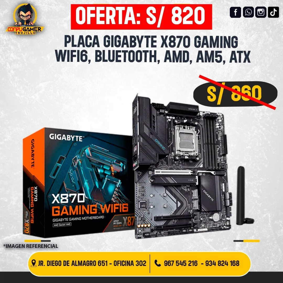 PLACA GIGABYTE X870 GAMING WIFI6, BLUETOOTH, AMD, AM5, ATX
