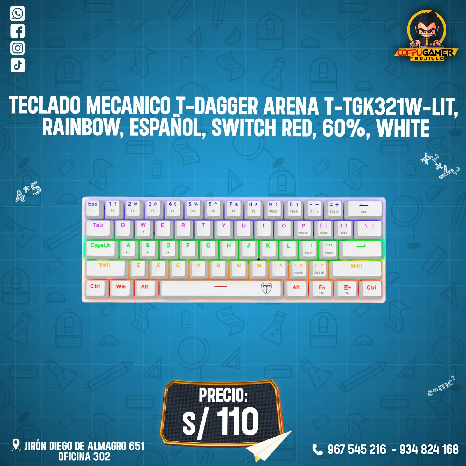 TECLADO MECÁNICO T-DAGGER ARENA TGK321W-LIT, RAINBOW, ESPAÑOL, SWITCH RED, 60%, WHITE