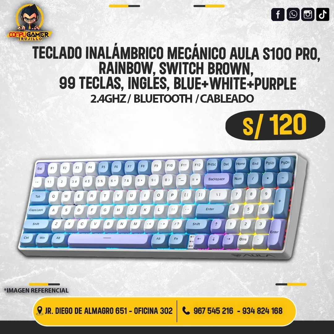 TECLADO INALÁMBRICO MECÁNICO AULA S100 PRO, RAINBOW, SWITCH BROWN, 99 TECLAS, INGLES, BLUE+WHITE+PURPLE