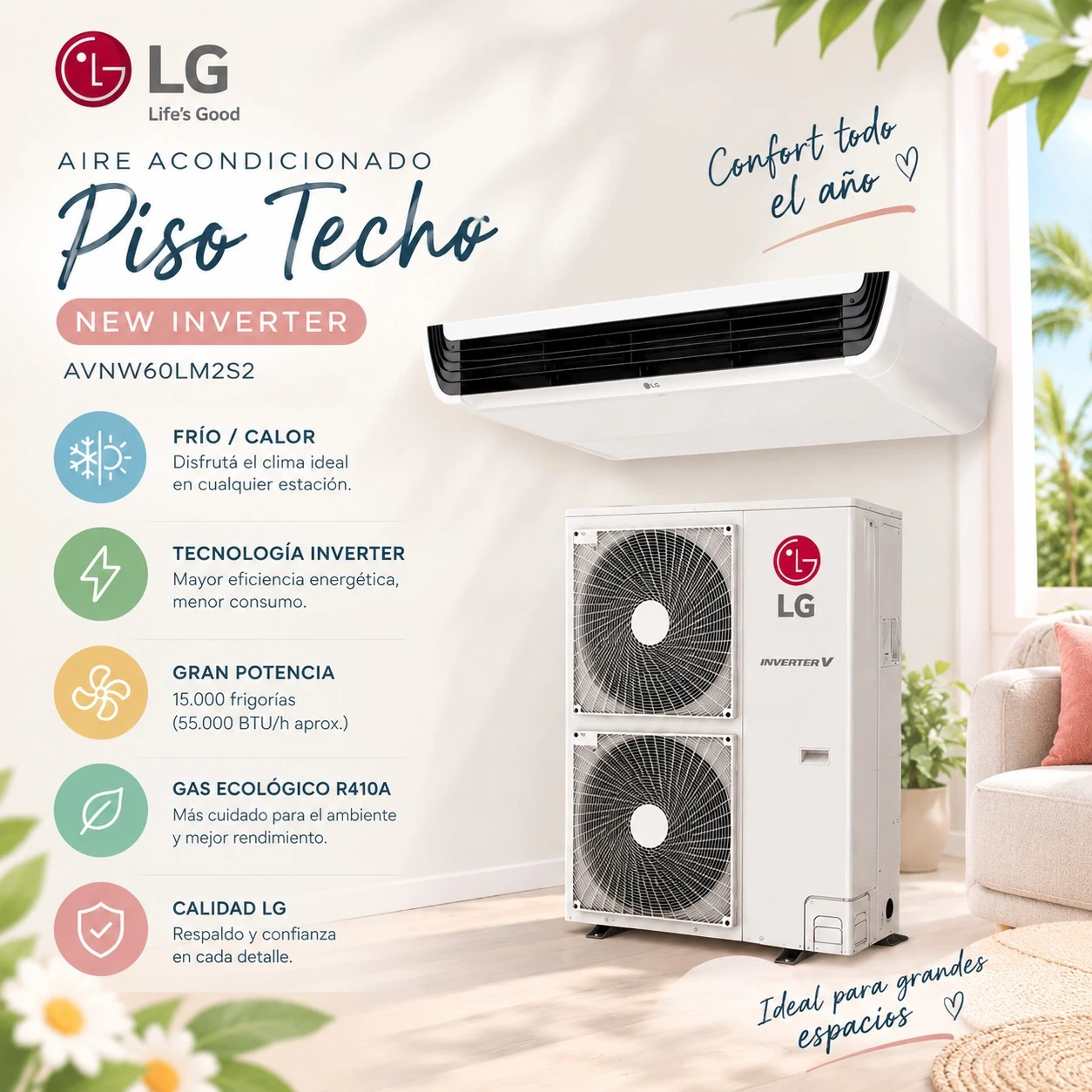 AIRE ACONDICIONADO LG PISO TECHO NEW INVERTER AVNW60LM2S2 15000 FRIGORIAS