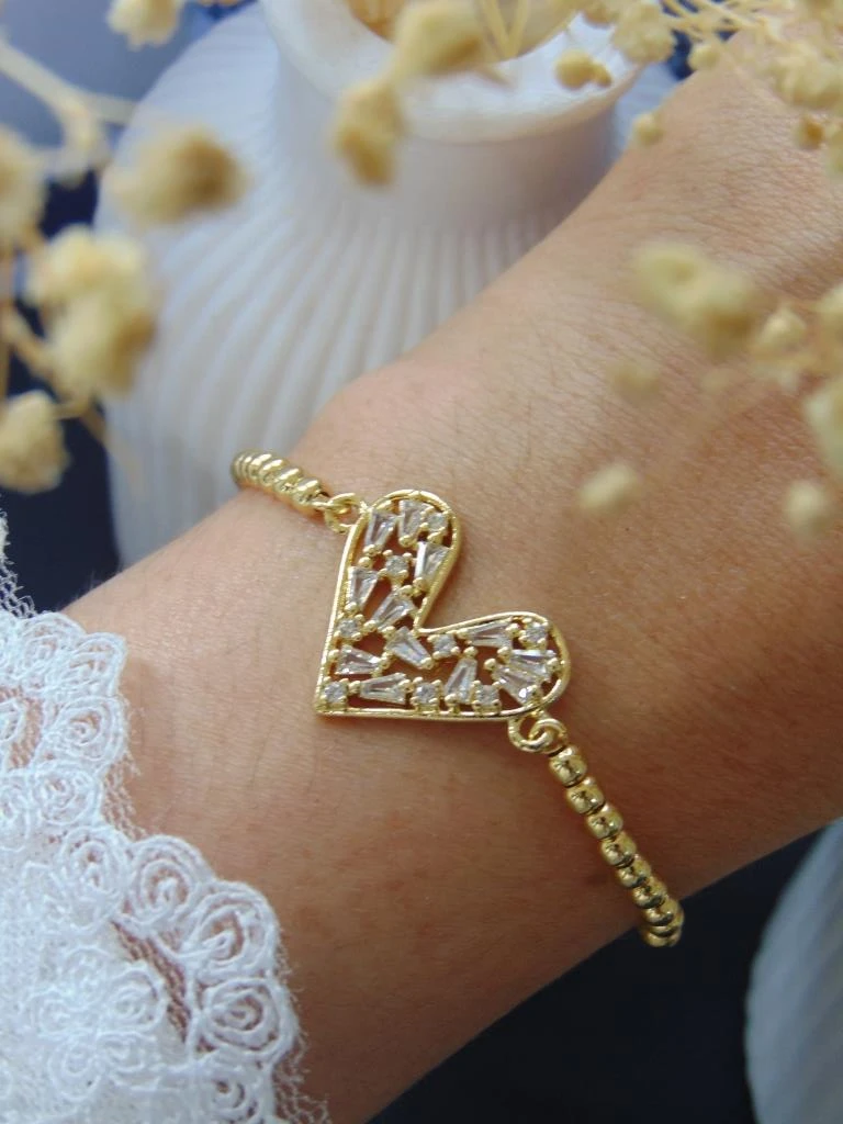 PULSERAS RODIO DOR CORAZON BAGUET BLANCO