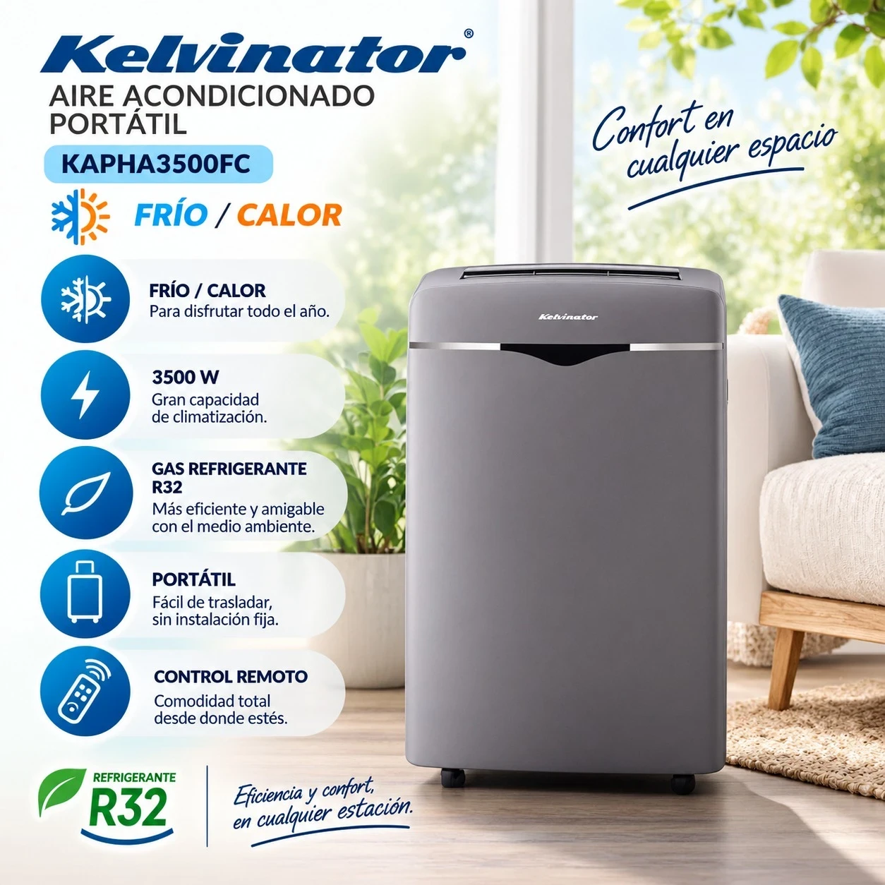 AIRE ACONDICIONADO PORTATIL KELVINATOR 3500W FRIO/CALOR SILVER
