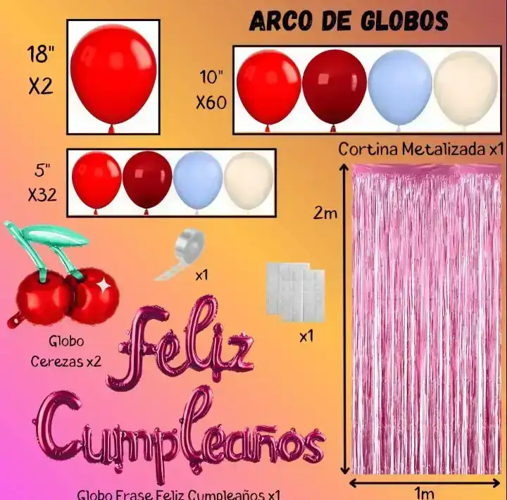 Set super guirnalda de globo cereza Feliz Cumpleaños cortina rosa 100 pcs rojo/bordo/celeste/blanco 2