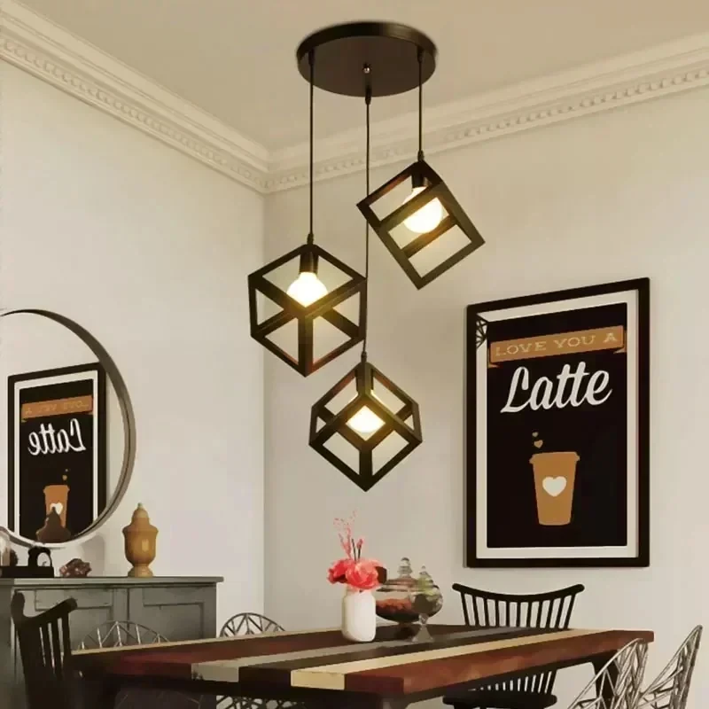 LAMPARA COLGANTE CUBO NEGRA 3L E27 2