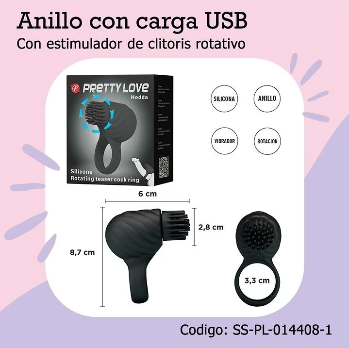Anillo con estimulador de clitoris rotativo y carga USB