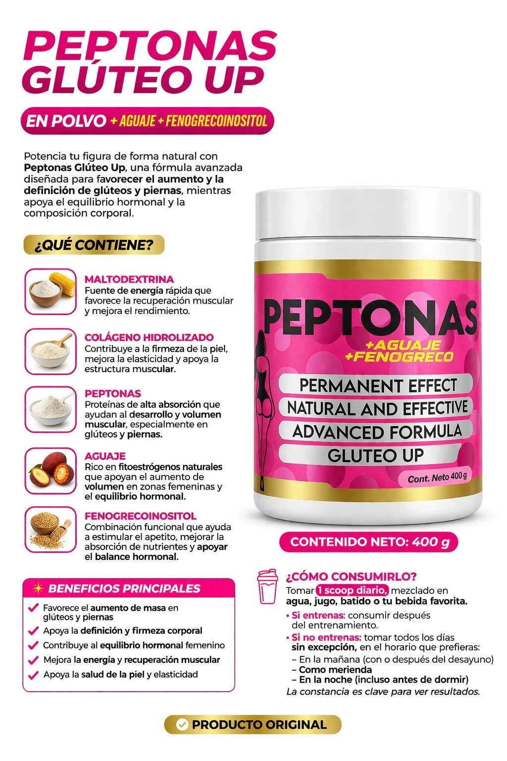 PEPTONAS AUMENTA GLÚTEOS UP EN POLVO + AGUAJE + FENOGRECOINOSITOL (400G) 3