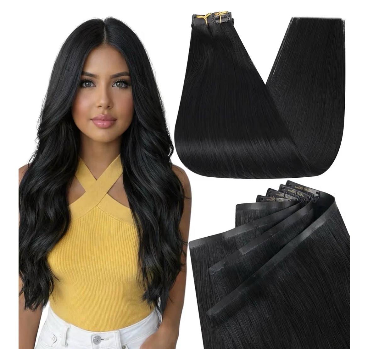 Extensiones de cabello humano con pinzas, sin costuras, 3.88 onzas (110 g), 7 unidades, 22 pulgadas, 1B