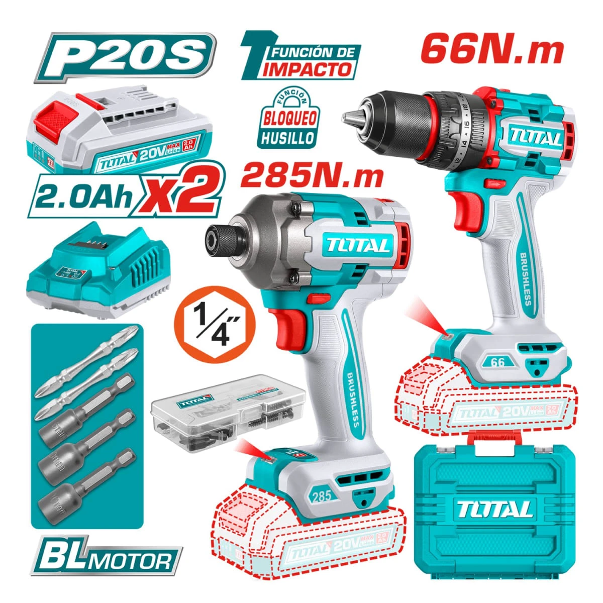 Combo taladro percutor 66nm + atornillador de impacto 285nm total SKU: TCKLI20277