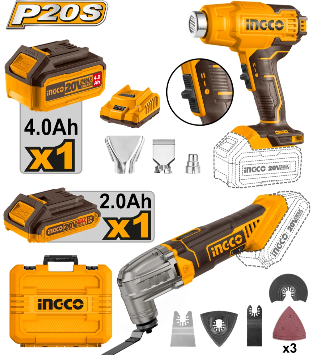 KIT 20V P20S PISTOLA DE CALOR + HERRAMIENTA MULTIFUNCION A BATERIA C/CARG C/BAT INGCO COSLI230703