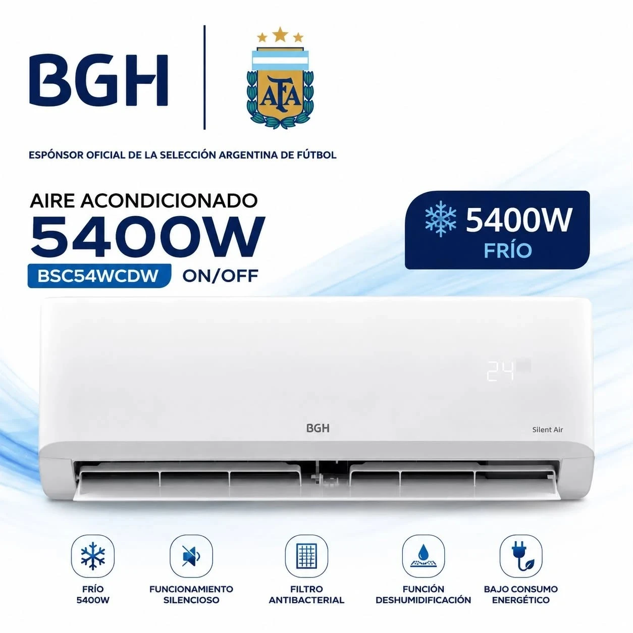 AIRE ACONDICIONADO BGH 5400W FRÍO/CALOR SILENT AIR BSC54WCDW