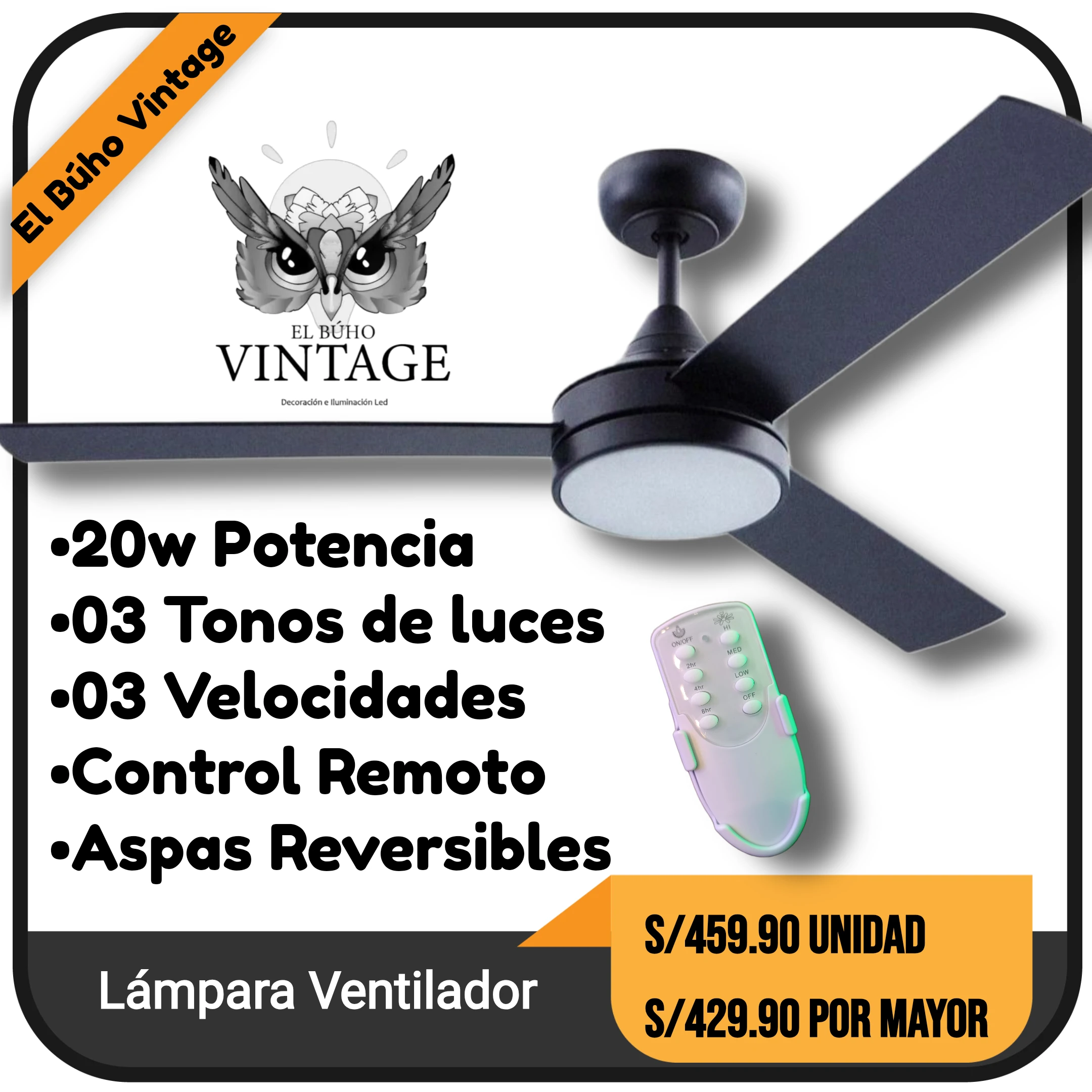 Lámpara Ventilador 03 tonos de luces  7