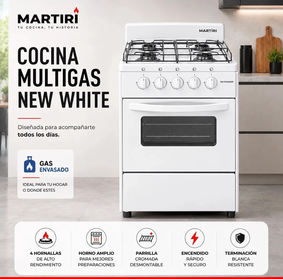 COCINA MARTIRI GAS ENVASADO BLANCA 50cm