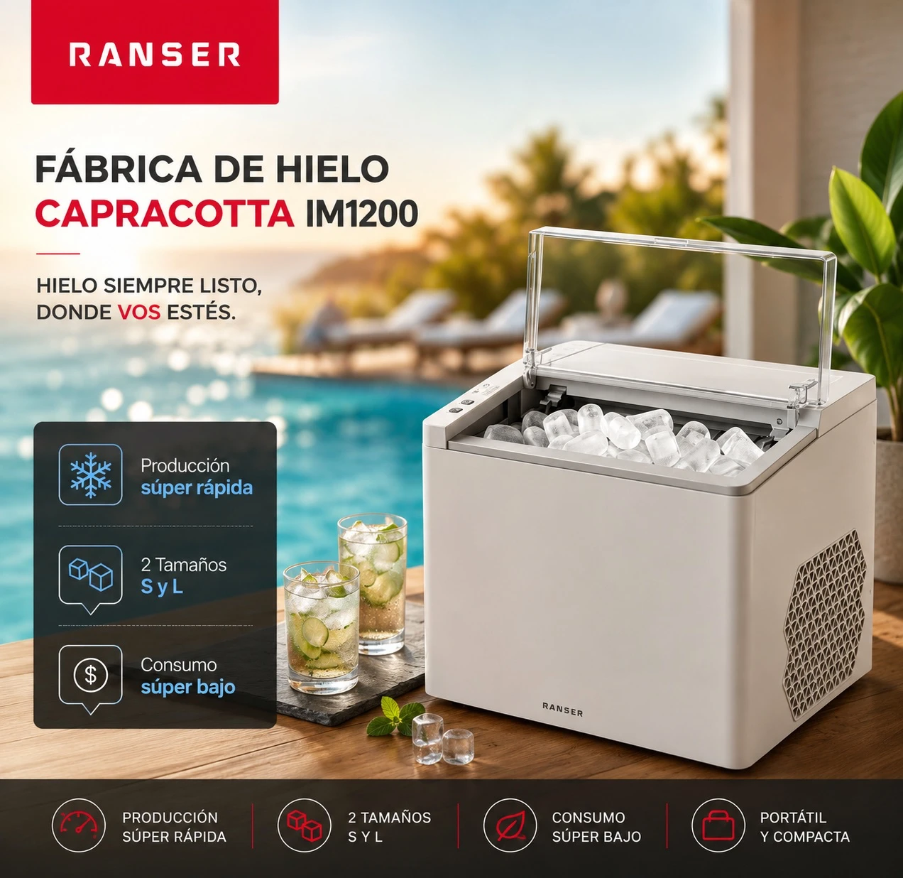 FÁBRICA DE HIELO RANSER CAPRACOTTA AUTOMATICA BLANCO Y NEGRO PORTÁTIL ‼️SOLO POR PEDIDOS ‼️