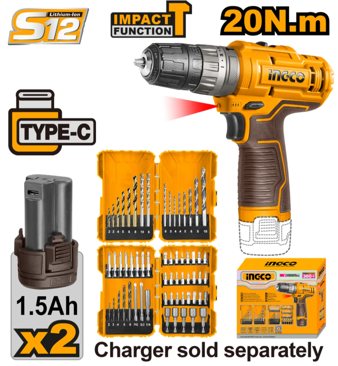 KIT ATORNILLADOR A BATERIA 12V S12 C PERCUTOR 20NM + SET DE MECHAS + PUNTAS + 2 BAT INGCO COSLI23114