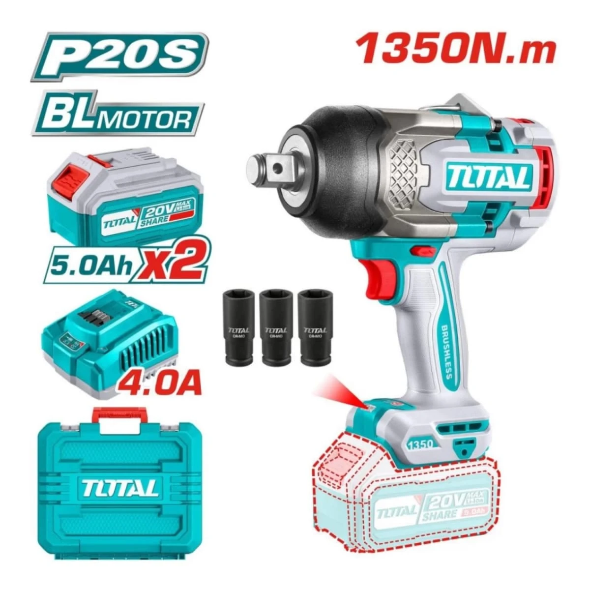TIWLI20135 Llave de impacto 3/4" 1350nm + 2 baterias 5amp y 1 cargador industrial total