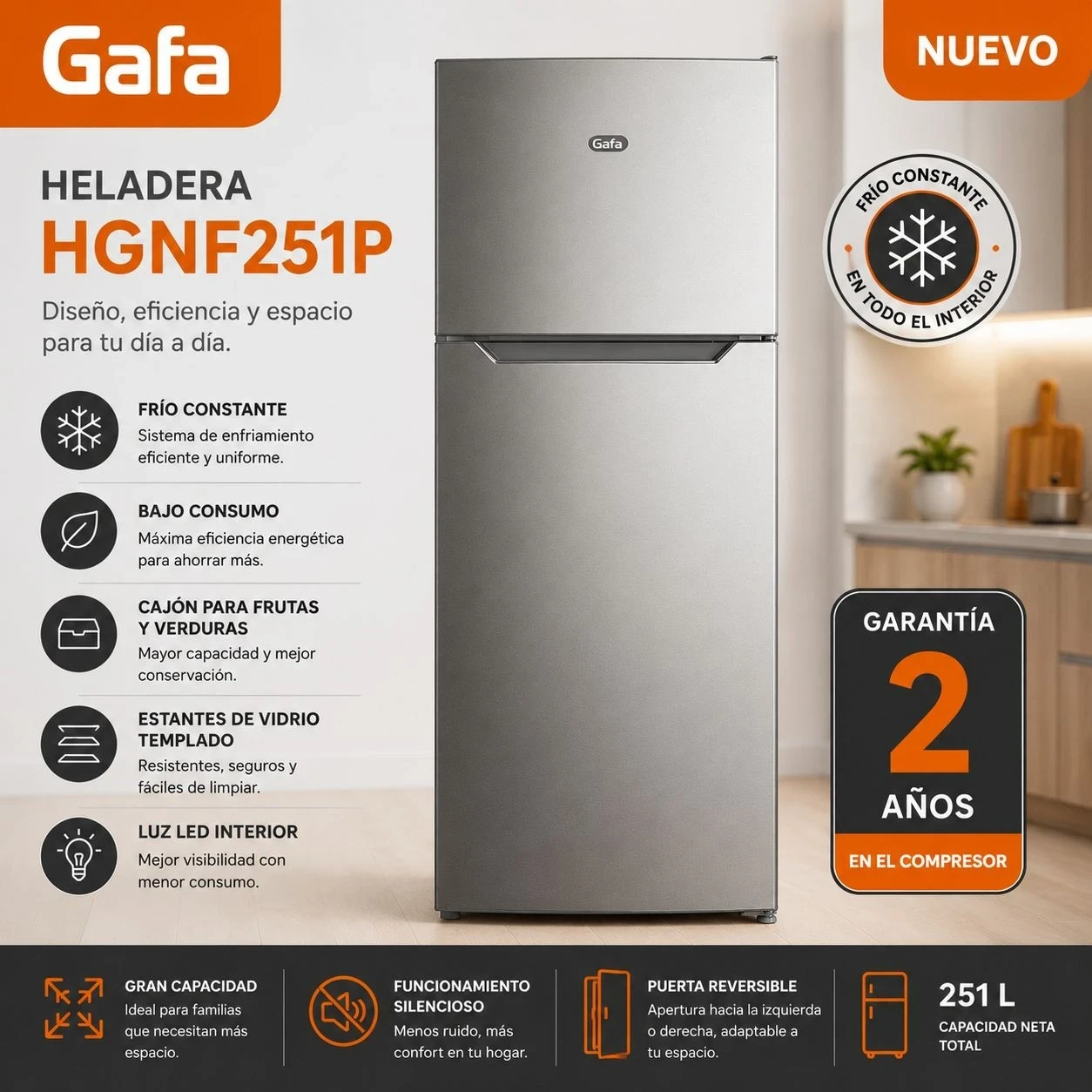 HELADERA GAFA 262LTS INVERTER SILVER NO FROST