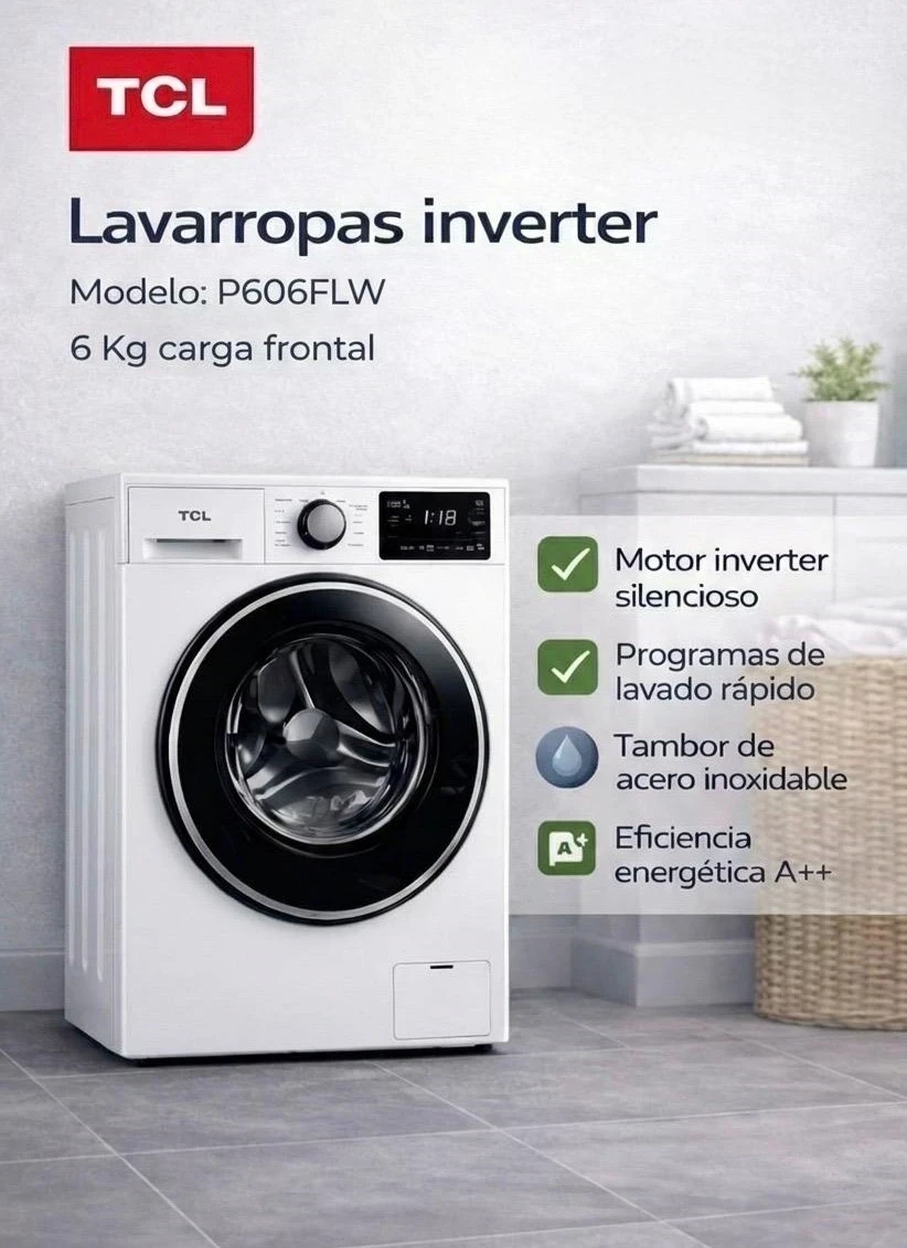 LAVARROPAS TCL 6KG INVERTER CARGA FRONTAL BLANCO