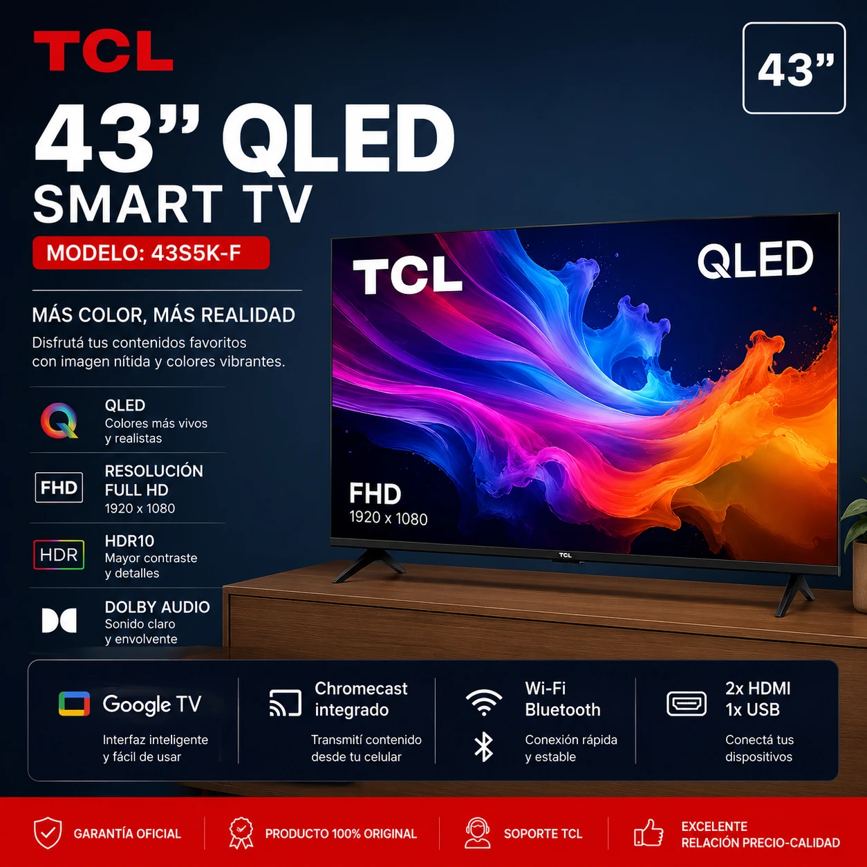 SMART TV TCL 43" QLED C/GOOGLE TV 