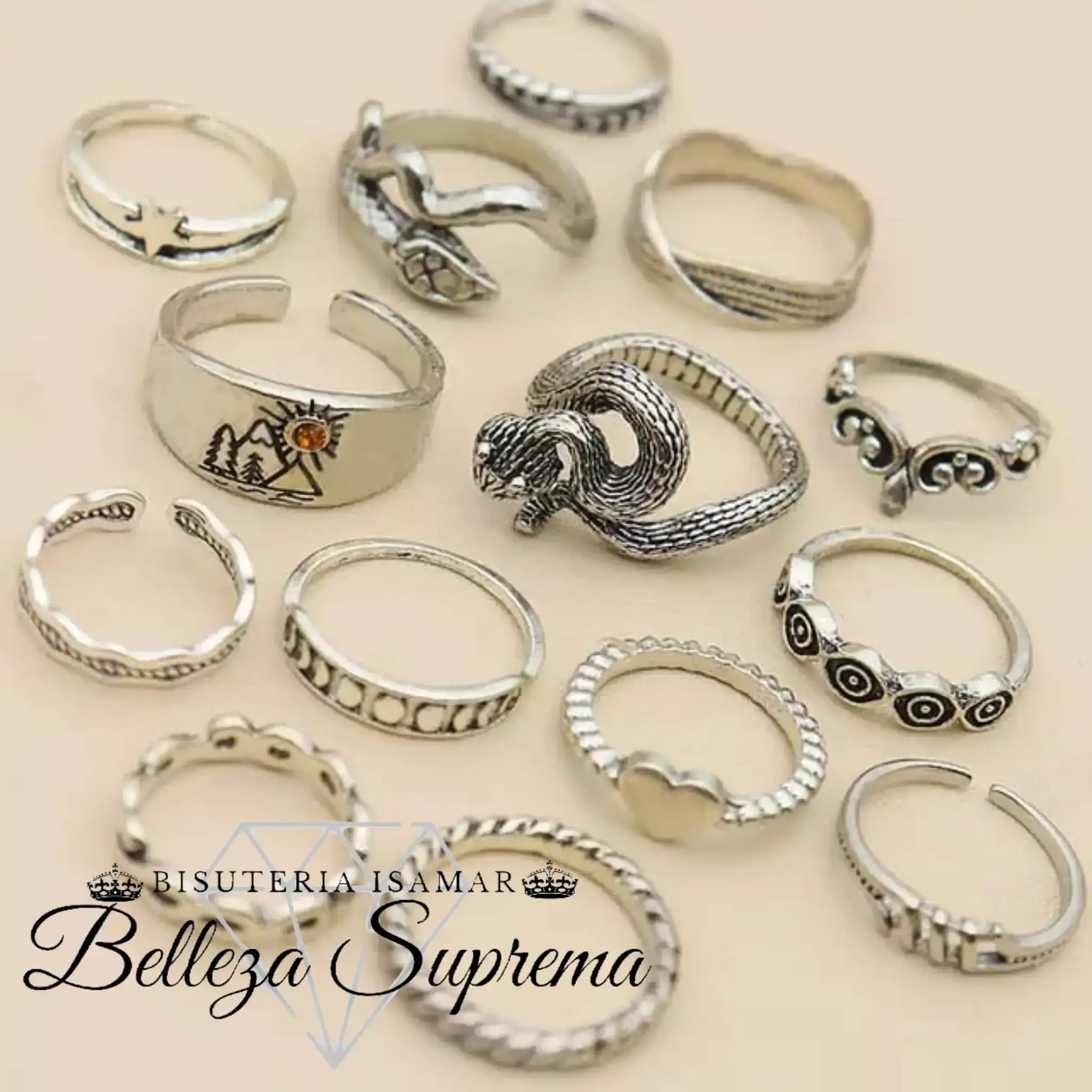 SET DE 12 ANILLOS EN PLATA QUEMADA 3