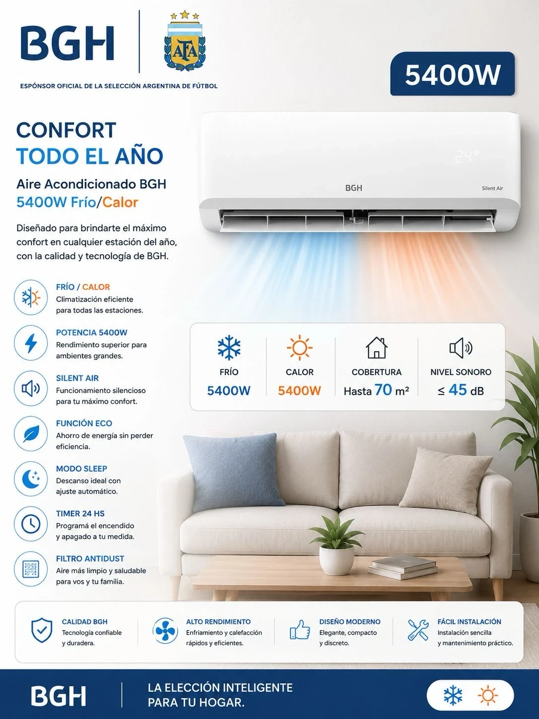  *AIRE ACONDICIONADO BGH 5400W FRIO/CALOR