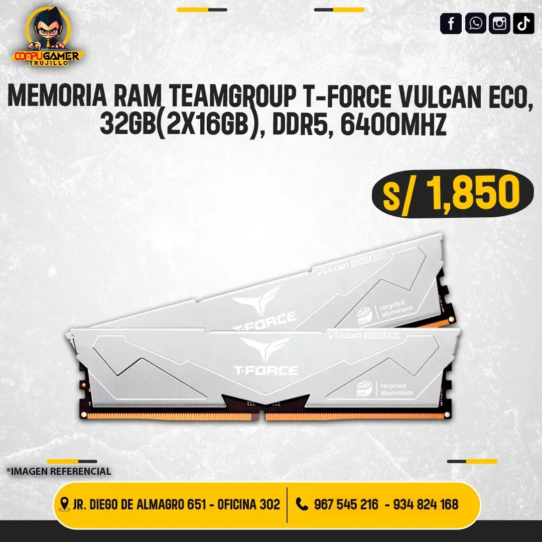 MEMORIA RAM TEAMGROUP T-FORCE VULCAN ECO, 32GB (2X16), DDR5, 6400MHZ