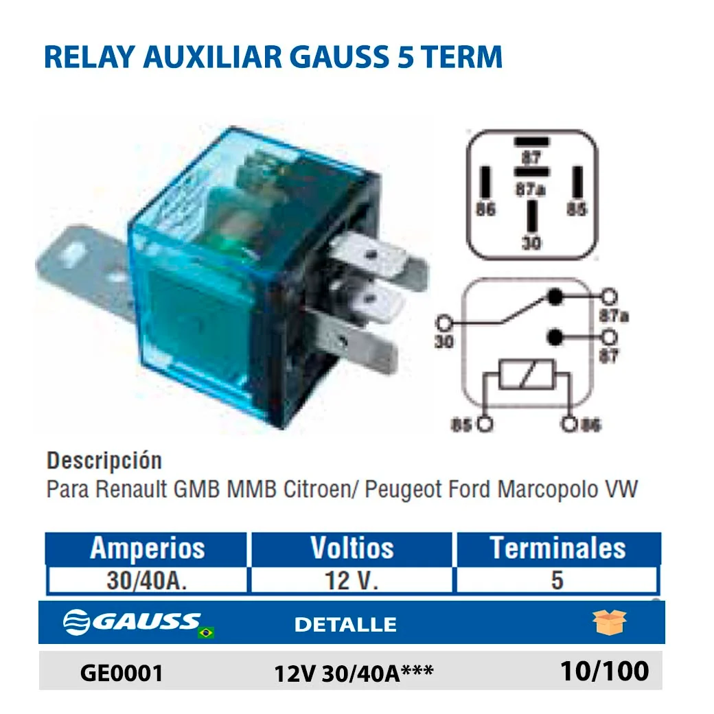 RELAY AUXILIAR GAUSS 5 TERM 12V 30/40A***