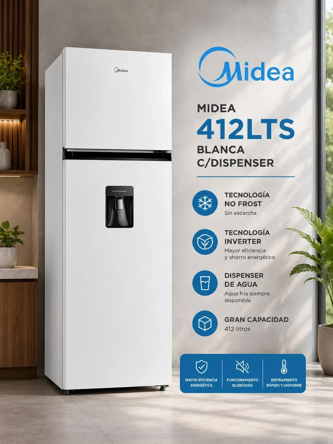 HELADERA NO FROST INVERTER 412LTS MIDEA CON DISPENSER BLANCA ‼️SOLO POR PEDIDOS‼️