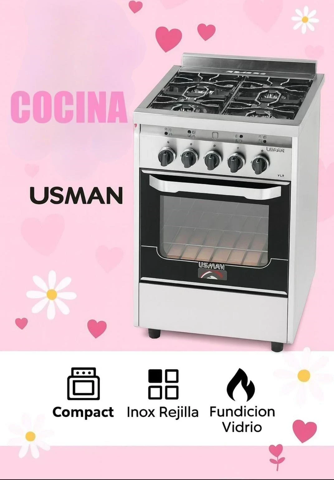 COCINA INDUSTRIAL USMAN COMPACT 52CM 4 HORNALLAS COLOR PLATEADO 