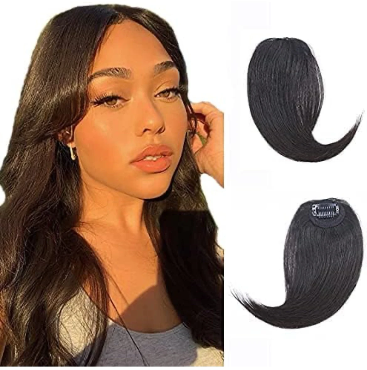  Flequillo lateral con clip, 100% cabello humano real, flequillo para cortina de cabello humano real, 10 pulgadas, color negro natural, Remy francés, cabello grueso y suave, 0.53 oz con clips