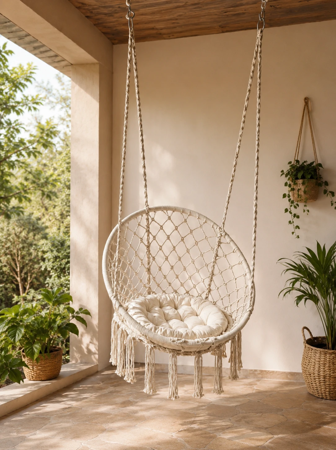 Silla Colgante Boho Beige ✨  🪢 Algodón trenzado y estructura de acero 2