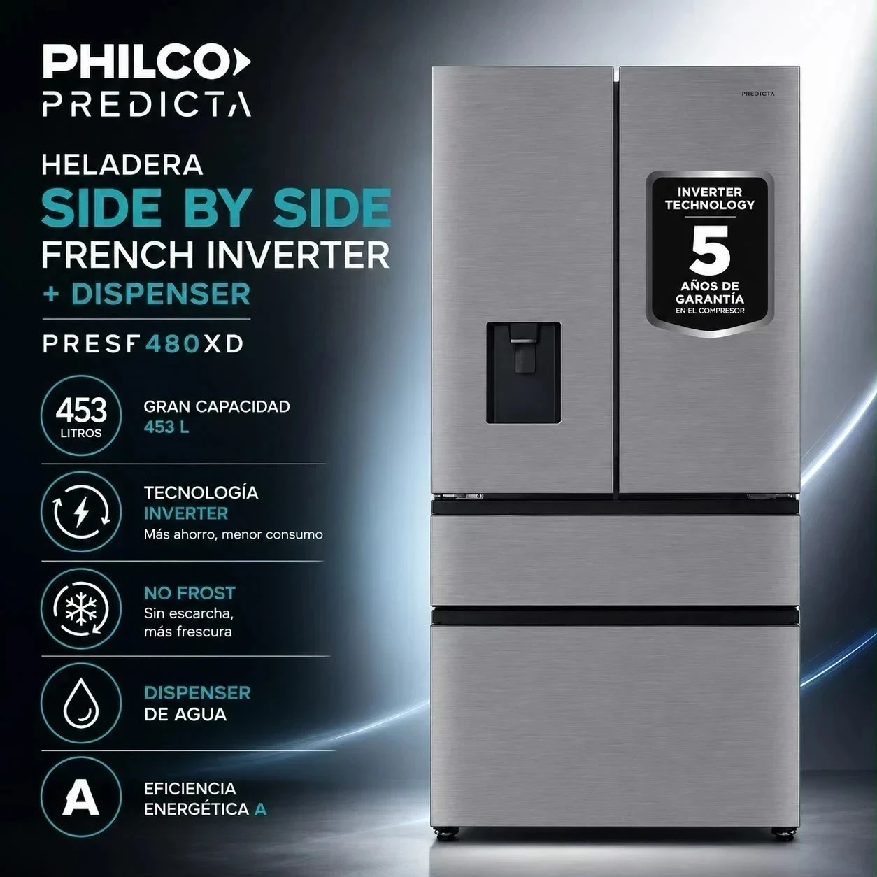 HELADERA SIDE BY SIDE FRENCH INV + DISPENSER PHILCO PREDICTA PRESF480XD