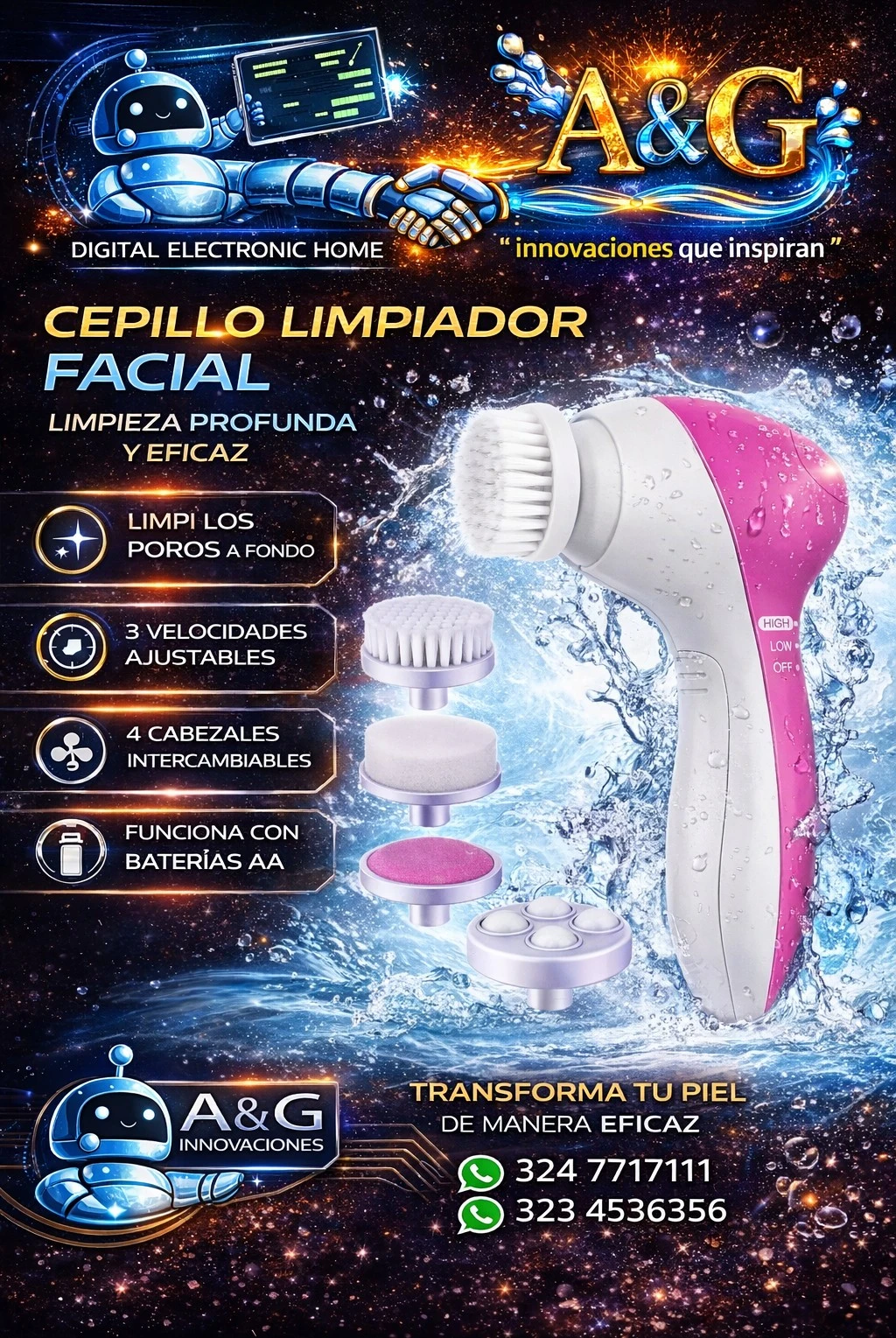 Cepillo limpiador facial eléctrico 
