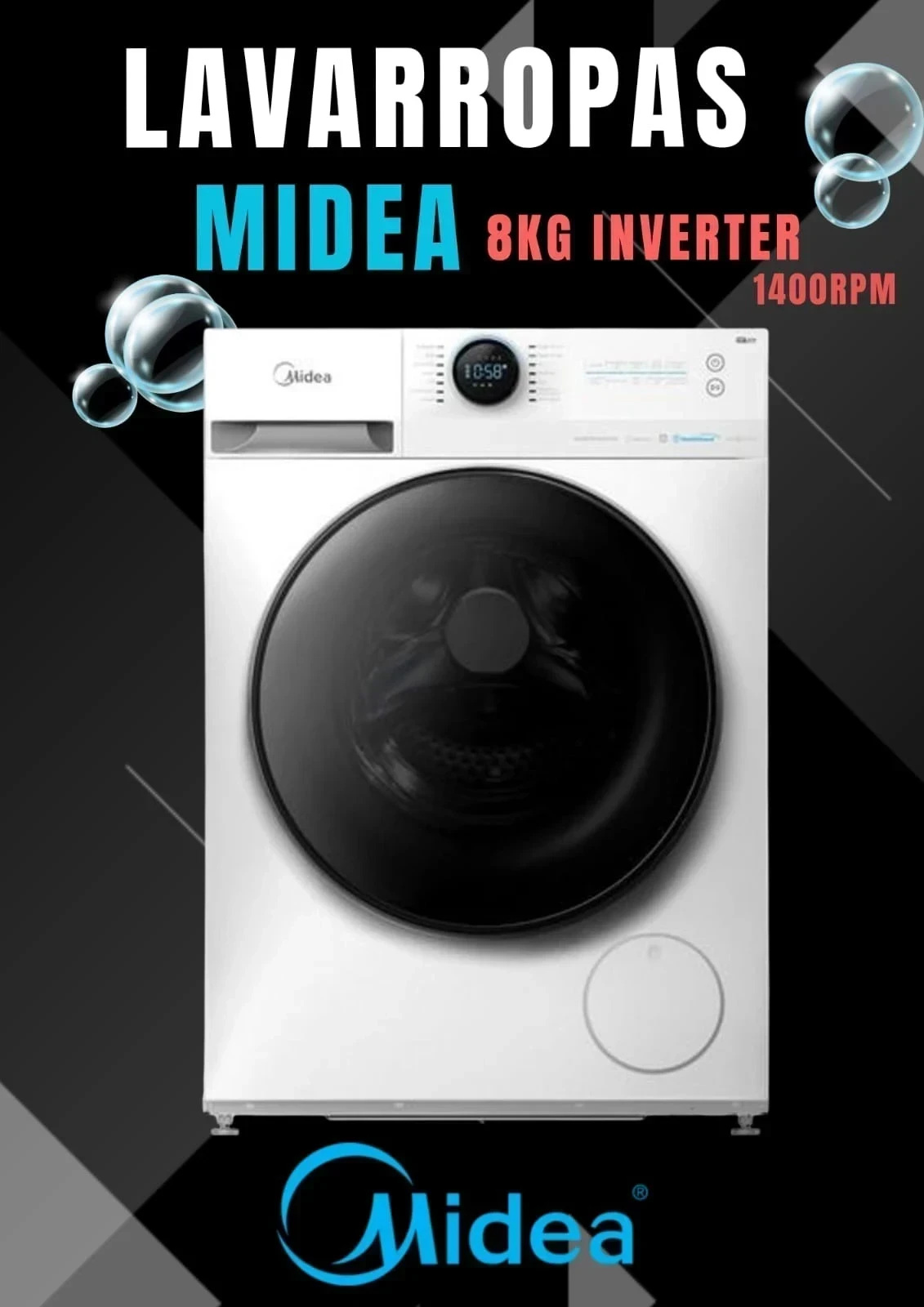 🧼 *LAVARROPAS MIDEA 8KG INVERTER BLANCO 1400RPM MF200W80VW 