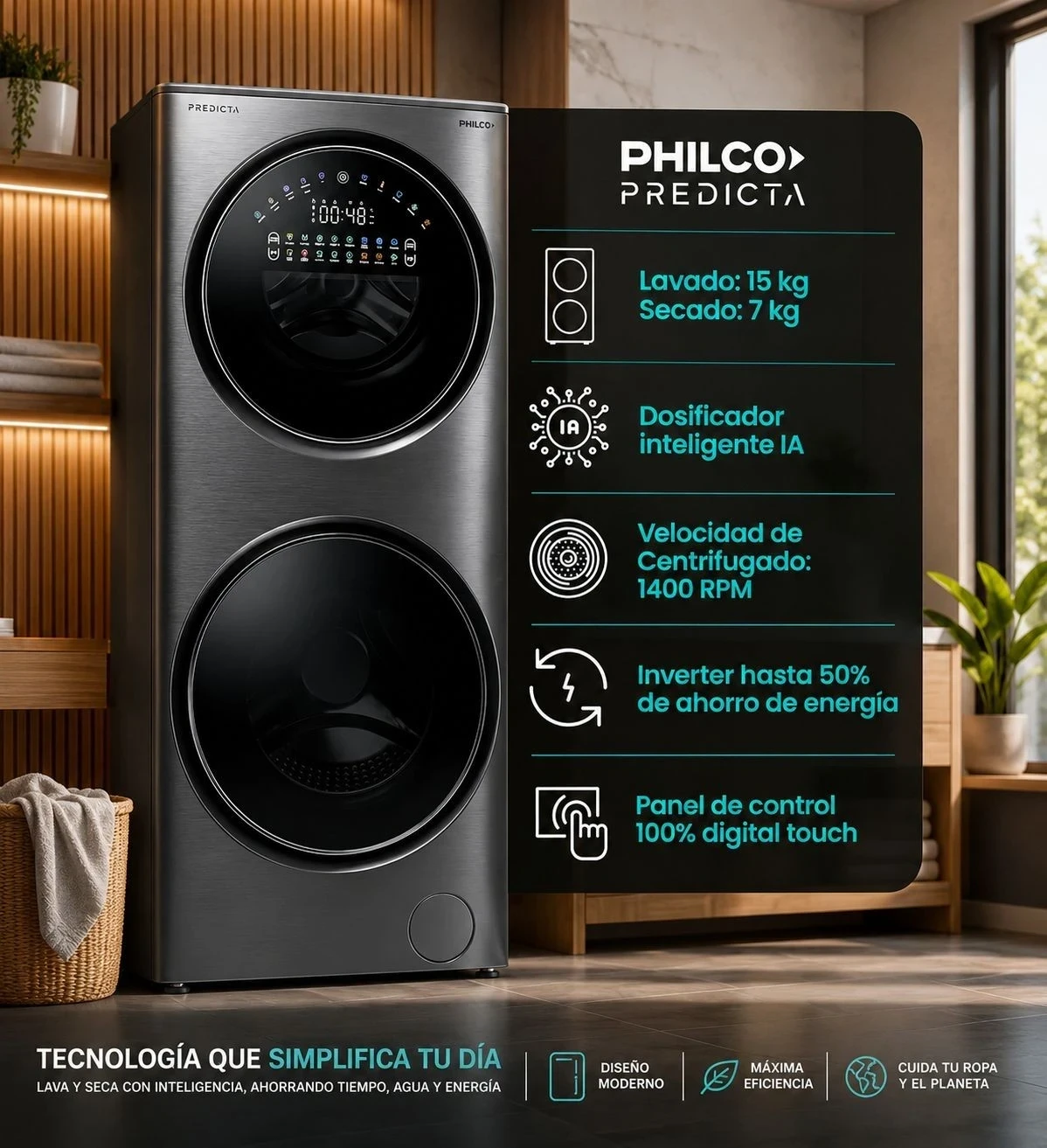 TORRE DE LAVADO INVERTER LAVASECARROPAS PHILCO CARGA FRONTAL 15KG+7KG DARK GRAY ‼️SOLO POR PEDIDOS ‼️ 