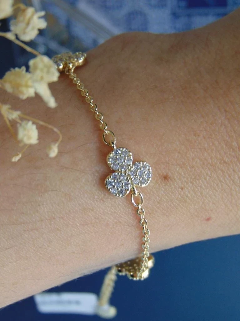PULSERA RODIO DOR MEDIO TREBOL MICROCIRCONES 8MM | 16CM LARGO + EXTENSOR 2